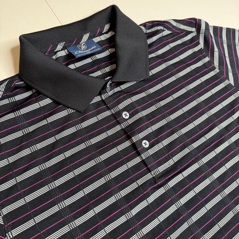 Cleveland Classics Mens Large Golf Polo Shirt Black Pink Striped Short Sleeve